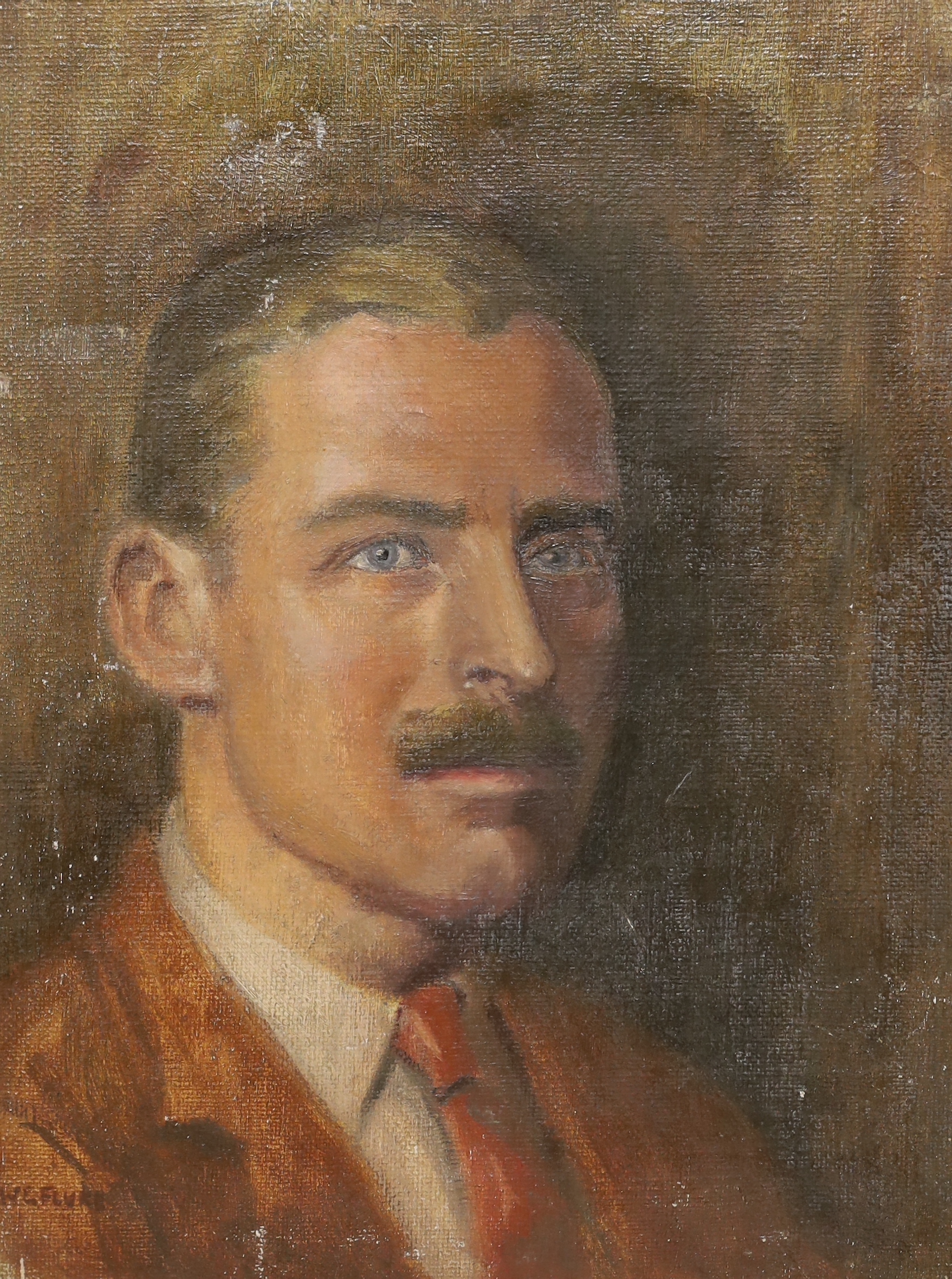 W. E. Flurt, oil on canvas, Head and shoulders portrait of a gentleman, indistinct stamp verso, signed, 30 x 23cm, unframed